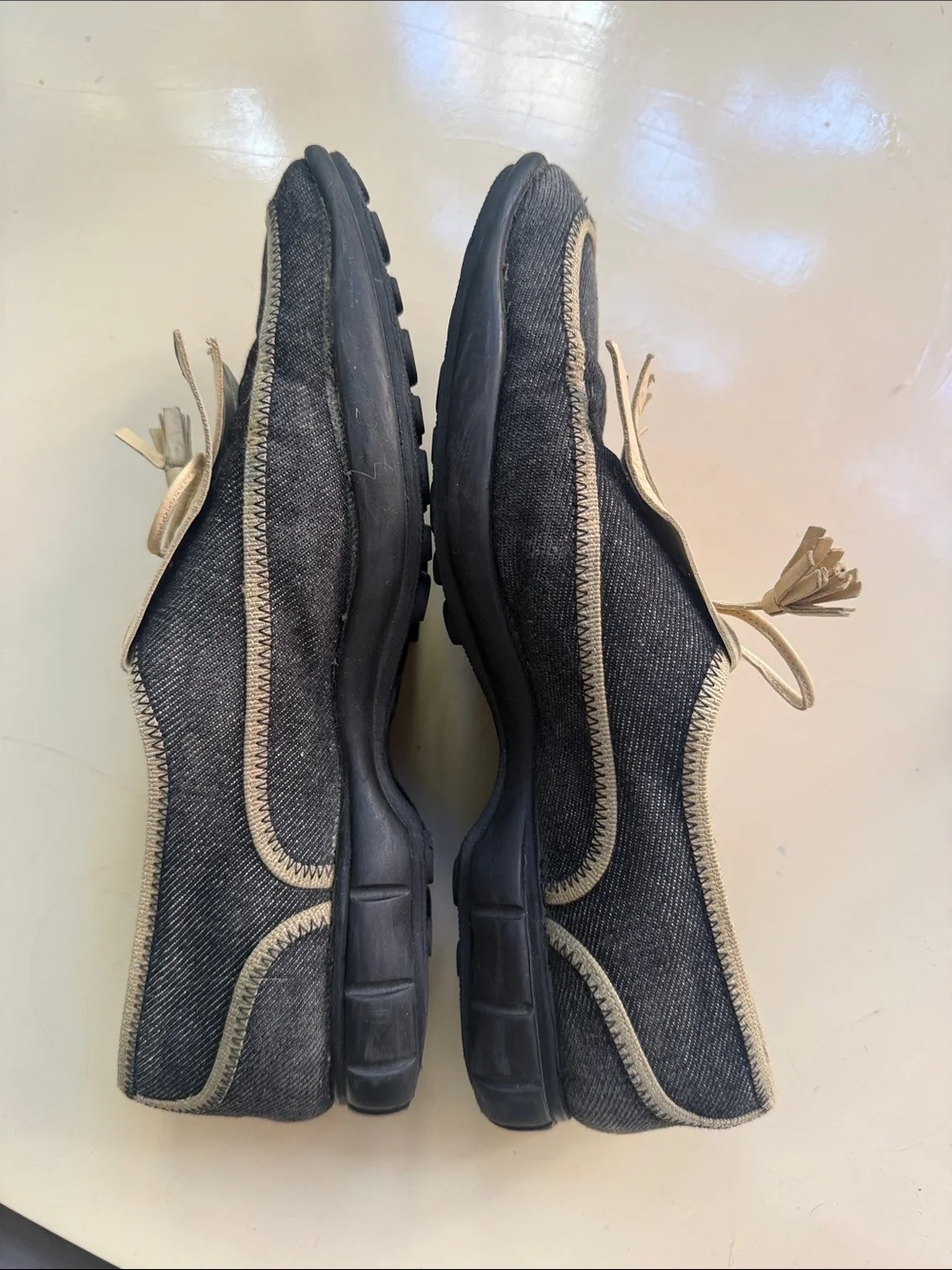 CHANEL Denim and Beige Leather Fringe Kiltie Loafers